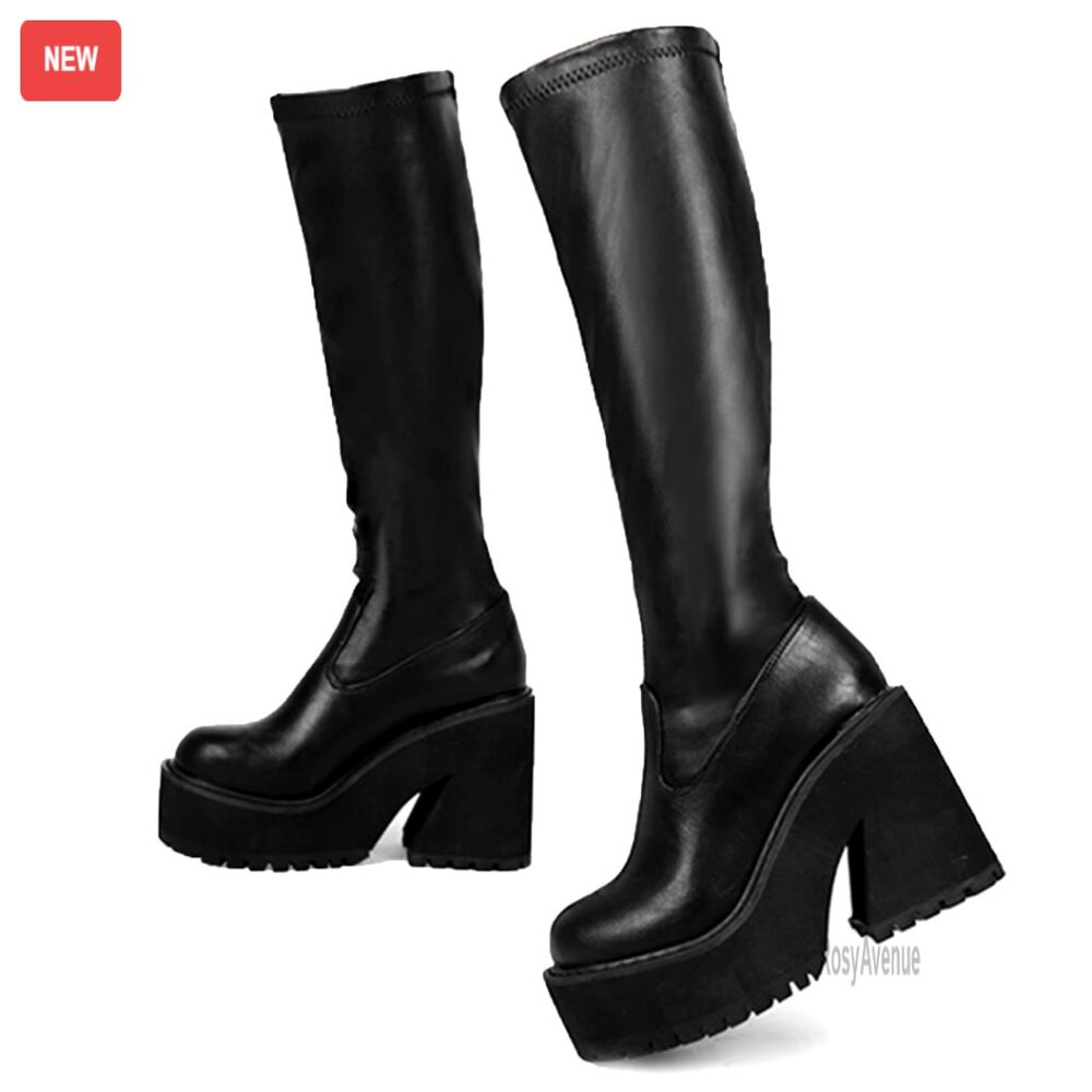 Knee High Platform Boots With Chunky Heel, Zipper & Lace Closure, Size Available
